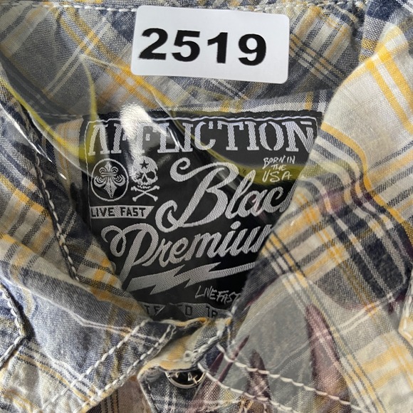 Affliction Shirt Men M Blue Plaid Edgy Grunge Fleur De Lis Black Premium Button - Picture 11 of 11